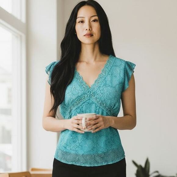 Vintage Forever 21 Lace Top – Turquoise Blue - Milkmaid Cottage M/L - Picture 1 of 7